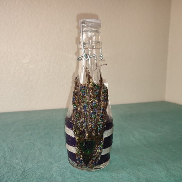 Amazing Crafted Artisan Bottle Italy Peacock Feather Design applied beads Boho - Picture 12 of 12